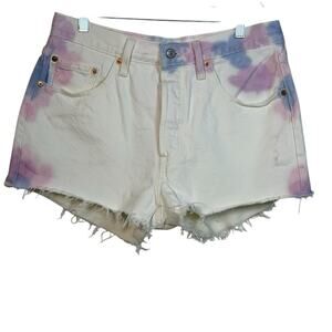 Levi’s 501 Original Tie Dye Denim Shorts White Pink Blue Raw Hem Size 31